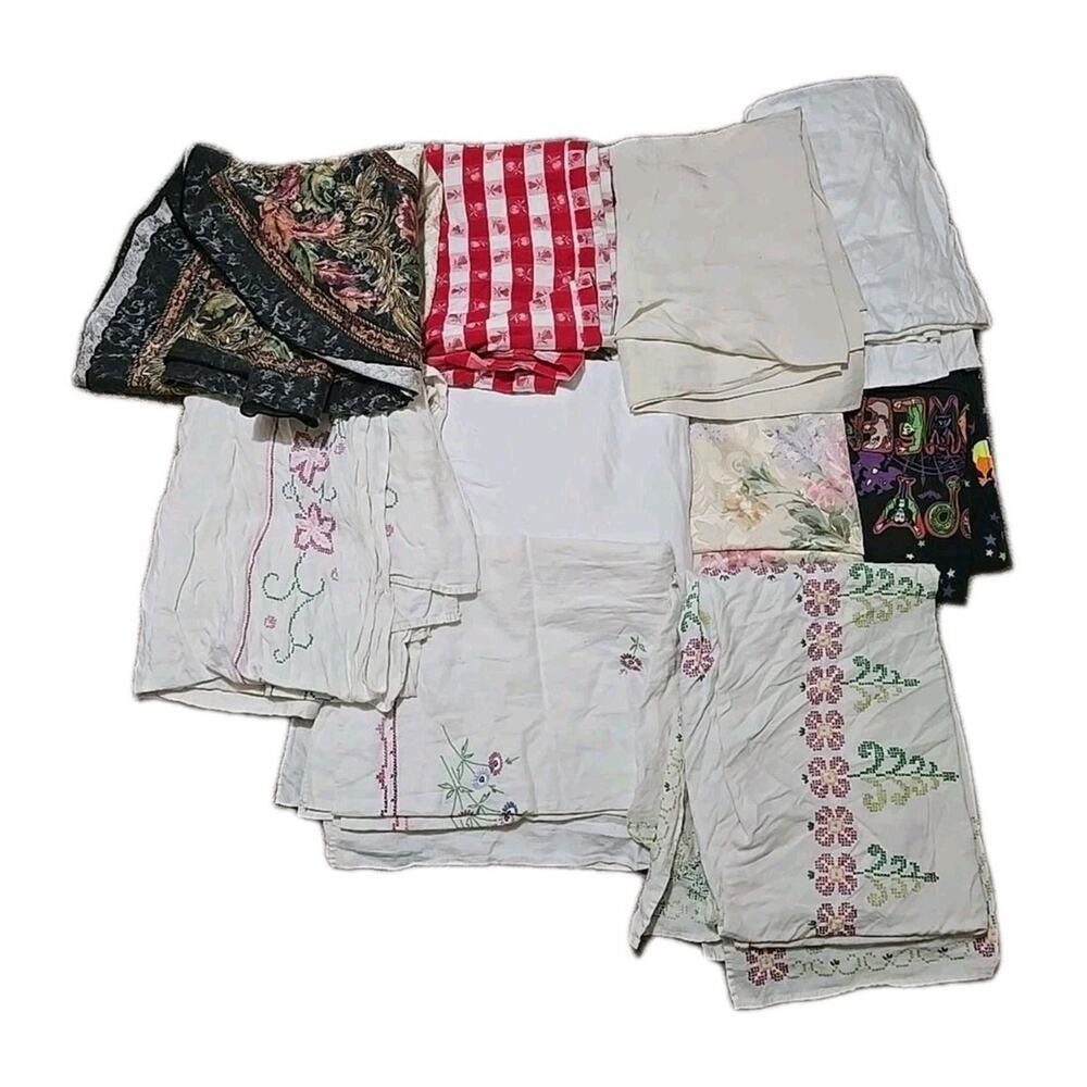 Lot of Vtg Hand Stitch Embroidered Floral Flawed Kitchen Dining Decor Tablecloth